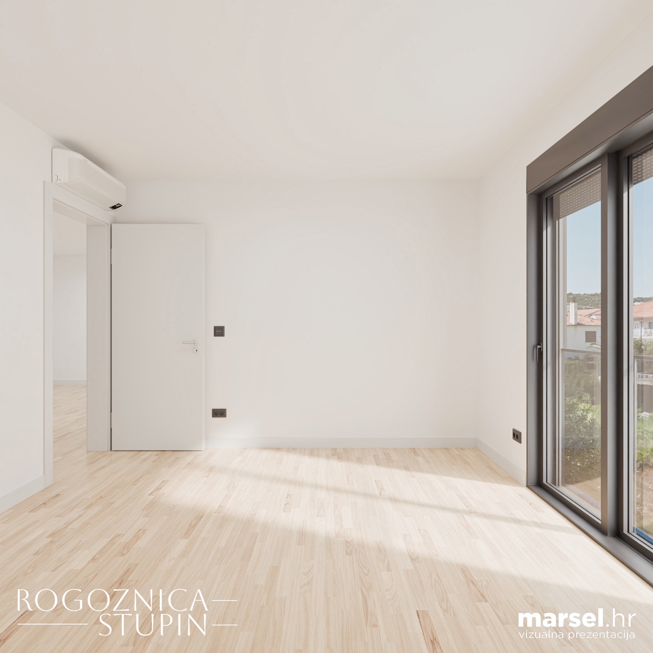 Vizualizacija interijera apartmana u novogradnji Rogoznica Stupin. Prostrani i svijetli unutarnji prostori s pogledom na more, idealni za stanovanje ili investiranje u apartman na dalmatinskoj obali.